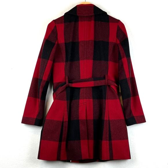 Banana Republic Buffalo Plaid Wool Peacoat Trench Coat Belt Jacket XS Red Black - Picture 3 of 10